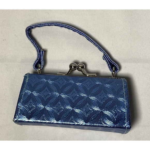 Tic Tok Mini Lipstick Coin Purse Shiny Blue Geometric Pattern Removable Handle - Picture 2 of 9
